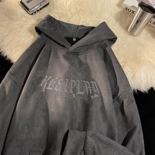 特大碼300斤灰色麂皮絨連帽衛衣男秋冬oversize美式復古硬挺寬鬆