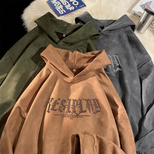 特大碼300斤灰色麂皮絨連帽衛衣男秋冬oversize美式復古硬挺寬鬆