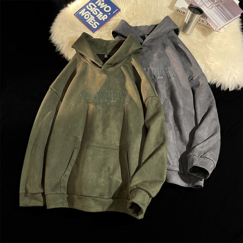 特大碼300斤灰色麂皮絨連帽衛衣男秋冬oversize美式復古硬挺寬鬆