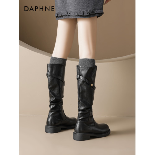 達芙妮厚底騎士靴女2026新款秋冬長筒靴英倫風黑色加絨靴子不過膝 達芙妮厚底騎士靴女2026新款秋冬長筒靴英倫風黑色加絨靴子不過膝