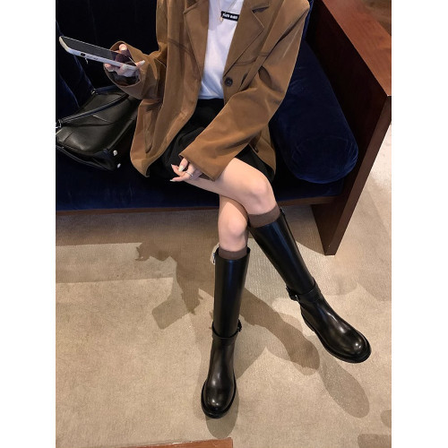 秒變時尚女王~真皮兩穿可拆卸厚底騎士靴女粗跟圓頭顯瘦中筒短靴