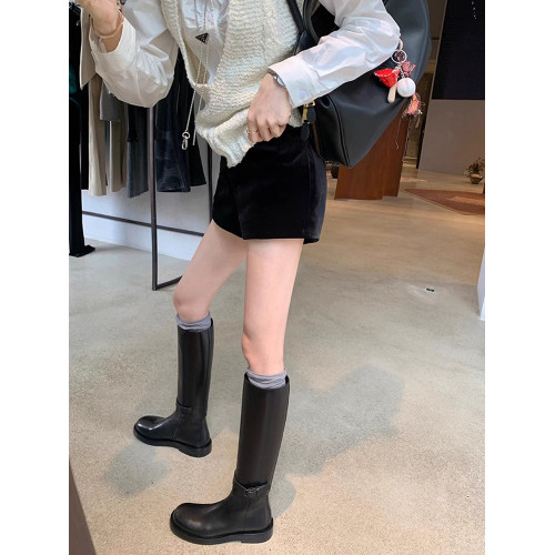 秒變時尚女王~真皮兩穿可拆卸厚底騎士靴女粗跟圓頭顯瘦中筒短靴