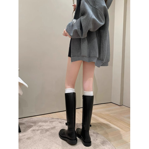 秒變時尚女王~真皮兩穿可拆卸厚底騎士靴女粗跟圓頭顯瘦中筒短靴