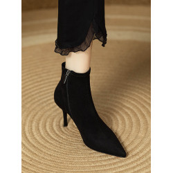 尖頭細跟短靴女2025新款秋冬瘦瘦靴高跟顯瘦氣質絨面小跟法式踝靴