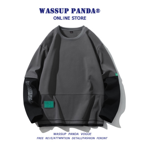 WASSUP PANDA潮牌假兩件衛衣男寬鬆休閒圓領內搭拼接長袖t恤上衣