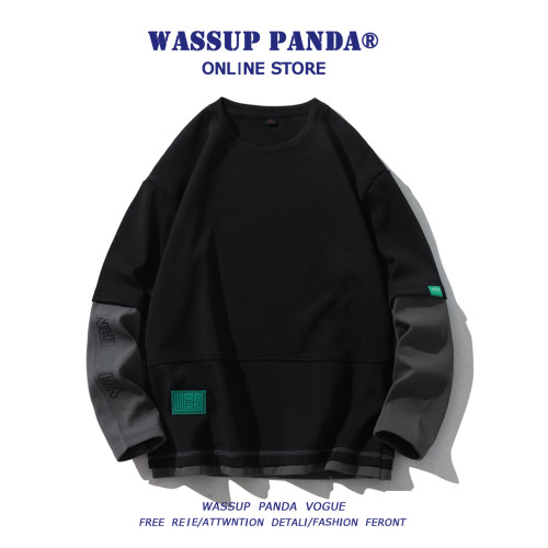 WASSUP PANDA潮牌假兩件衛衣男寬鬆休閒圓領內搭拼接長袖t恤上衣