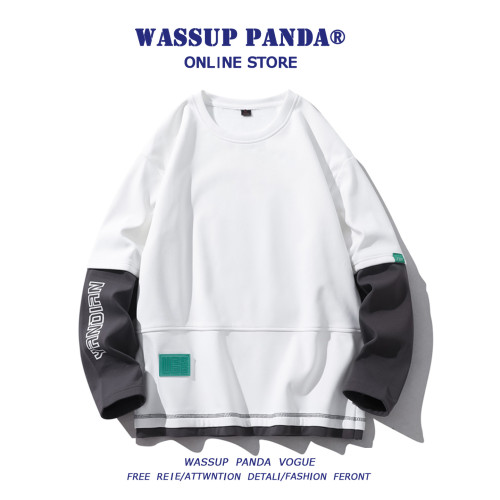 WASSUP PANDA潮牌假兩件衛衣男寬鬆休閒圓領內搭拼接長袖t恤上衣