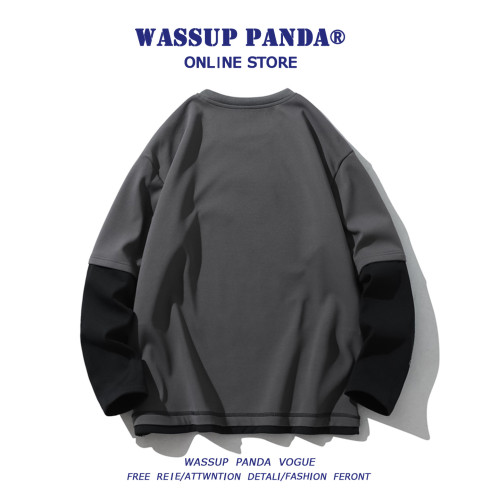 WASSUP PANDA潮牌假兩件衛衣男寬鬆休閒圓領內搭拼接長袖t恤上衣
