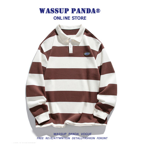 WASSUP PANDA美式復古條紋POLO衫衛衣男日系撞色情侶長袖t恤上衣