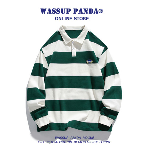WASSUP PANDA美式復古條紋POLO衫衛衣男日系撞色情侶長袖t恤上衣