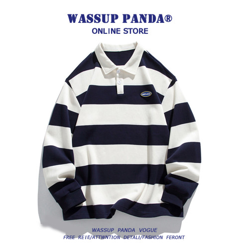 WASSUP PANDA美式復古條紋POLO衫衛衣男日系撞色情侶長袖t恤上衣