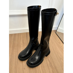 牛皮版~真皮厚底金鎖釦高筒靴女秋冬加絨復古騎士靴長筒靴瘦瘦靴