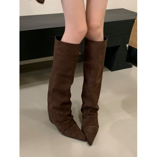 SYLSH 內增高4cm軟皮復古高筒靴女不過膝騎士長筒靴褶皺堆堆靴子