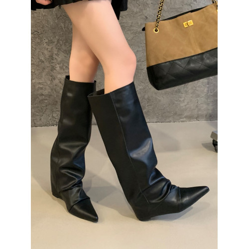 SYLSH 內增高4cm軟皮復古高筒靴女不過膝騎士長筒靴褶皺堆堆靴子