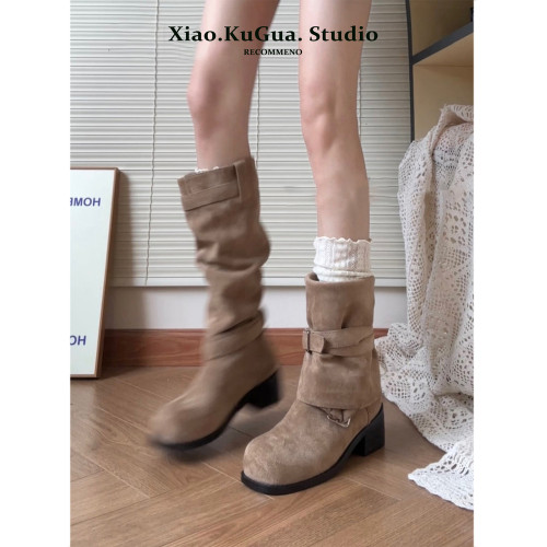 褶皺堆堆靴女款粗跟顯瘦厚底長靴2026新款春秋西部靴高筒騎士靴子 褶皺堆堆靴女款粗跟顯瘦厚底長靴2026新款春秋西部靴高筒騎士靴子