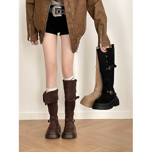 時尚復古搭釦兩穿繙折厚底長筒靴子女2026年秋冬季新款厚底騎士靴