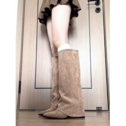 牛皮版~褲琯靴2026新款爆款增高9cm小個子坡跟不過膝卡其色靴子