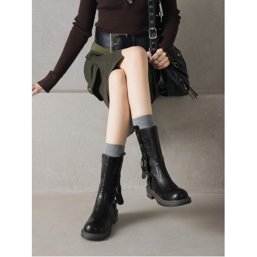 ladyblack超軟平底側拉鍊復古短靴女秋冬大碼低跟西部騎士靴41-43