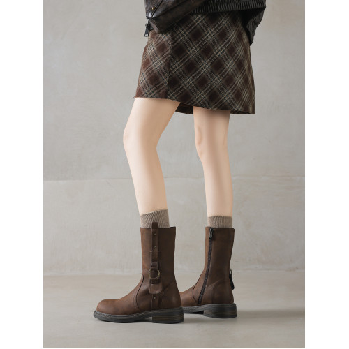 ladyblack超軟平底側拉鍊復古短靴女秋冬大碼低跟西部騎士靴41-43