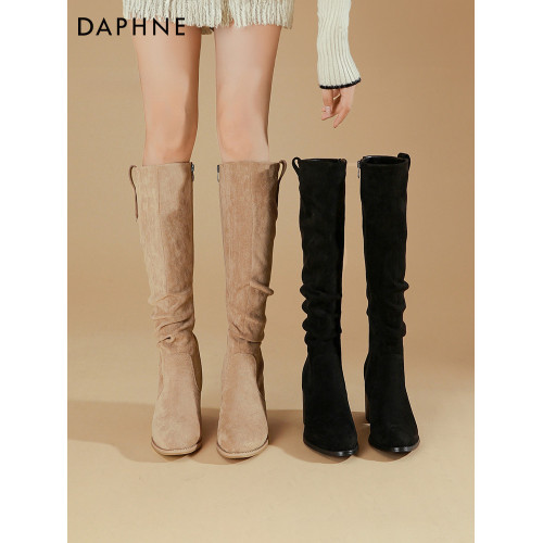 達芙妮靴子女長筒靴2026新款秋冬季高筒堆堆騎士中筒尖頭黑色長靴