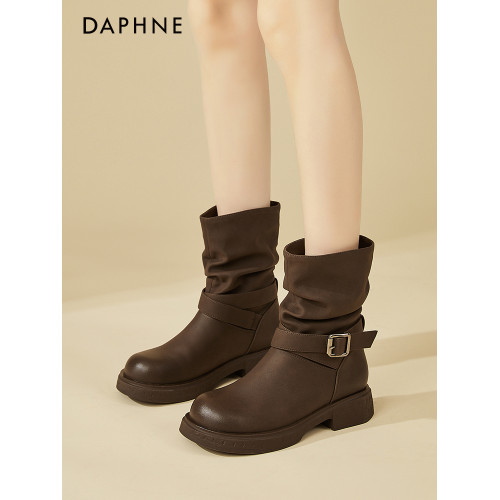 達芙妮厚底馬丁靴女款秋冬2025新款加絨復古粗跟短靴美拉德堆堆靴