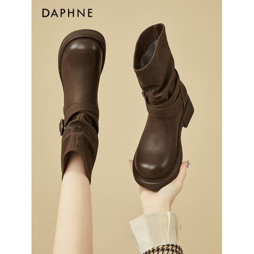 達芙妮厚底馬丁靴女款秋冬2025新款加絨復古粗跟短靴美拉德堆堆靴