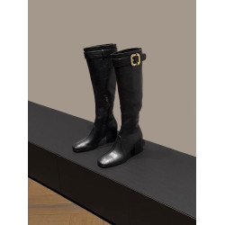 張元英同款粗跟不過膝長靴女後拉鍊長筒瘦瘦靴方頭皮帶釦騎士靴