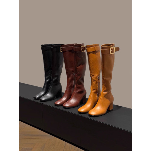 張元英同款粗跟不過膝長靴女後拉鍊長筒瘦瘦靴方頭皮帶釦騎士靴