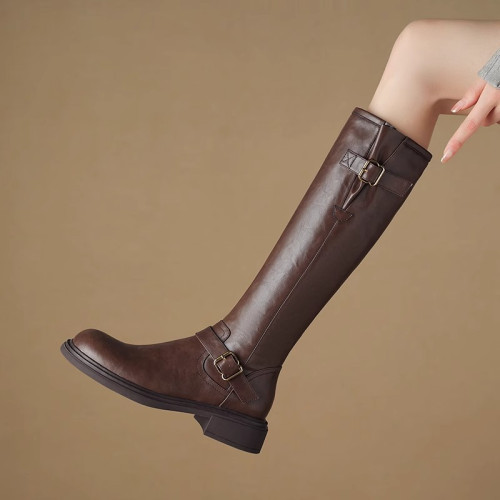 全牛皮復古粗跟長筒靴女2024秋冬新款真皮顯瘦高筒靴小個子騎士靴 全牛皮復古粗跟長筒靴女2024秋冬新款真皮顯瘦高筒靴小個子騎士靴