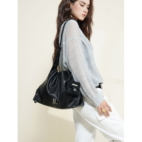 哐花村2025新品大容量通勤托特包女抽繩流浪包單肩斜後後背包黑色