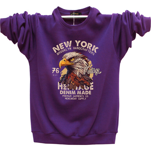 美式休閒鷹嘴印花 大碼圓領衛衣 男加絨秋冬潮牌深紫色打底衫