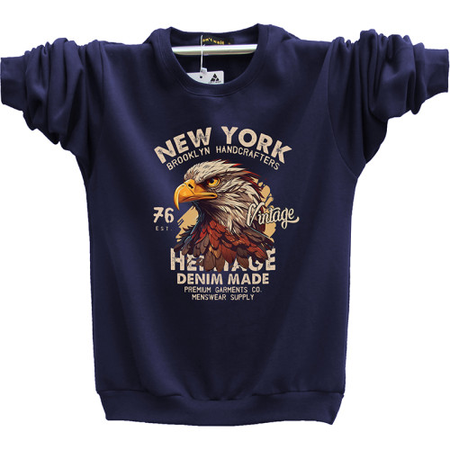 美式休閒鷹嘴印花 大碼圓領衛衣 男加絨秋冬潮牌深紫色打底衫