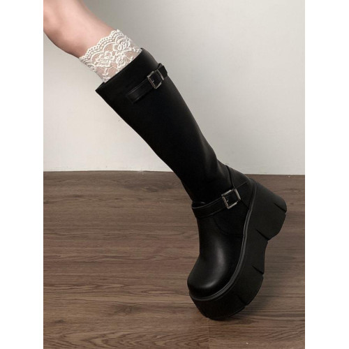 復古法式黑色厚底長筒靴女2025新款春季小個子胖mm顯瘦增高騎士靴