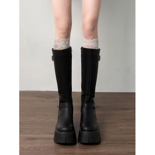 復古法式黑色厚底長筒靴女2025新款春季小個子胖mm顯瘦增高騎士靴