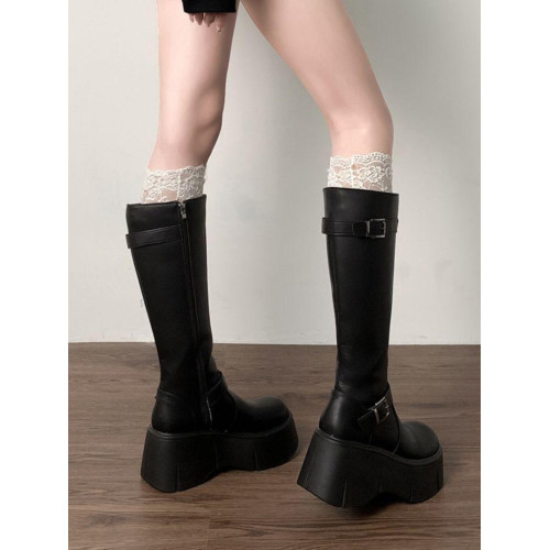 復古法式黑色厚底長筒靴女2025新款春季小個子胖mm顯瘦增高騎士靴