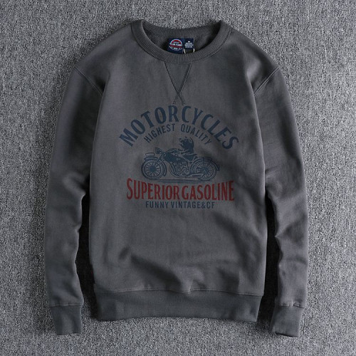 香港潮牌趣味復古機車硬漢印花圓領衛衣男 重磅高克重厚加絨青年