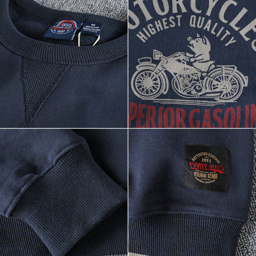 香港潮牌趣味復古機車硬漢印花圓領衛衣男 重磅高克重厚加絨青年