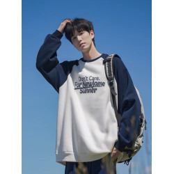 日系復古撞色圓領衛衣男生春秋冬潮牌寬鬆插肩袖套頭上衣加絨加厚