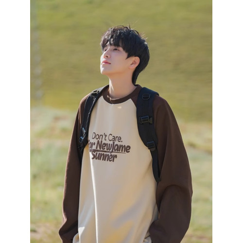 日系復古撞色圓領衛衣男生春秋冬潮牌寬鬆插肩袖套頭上衣加絨加厚