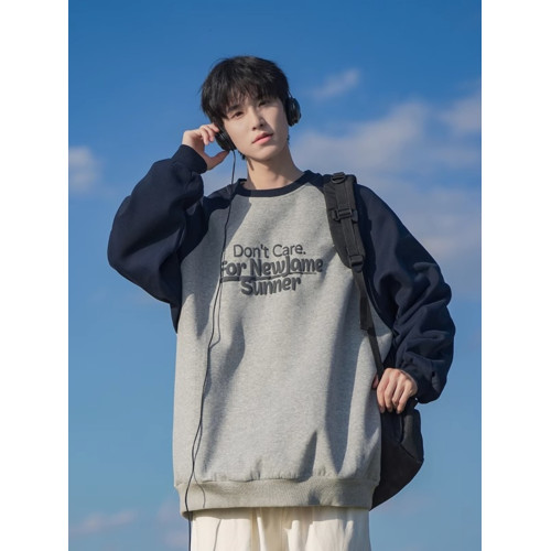 日系復古撞色圓領衛衣男生春秋冬潮牌寬鬆插肩袖套頭上衣加絨加厚