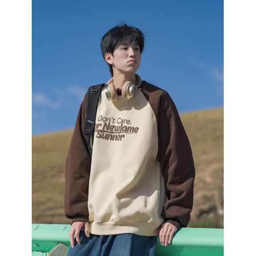 日系復古撞色圓領衛衣男生春秋冬潮牌寬鬆插肩袖套頭上衣加絨加厚