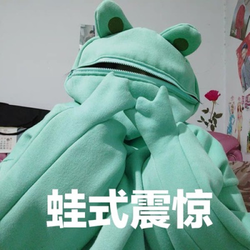 卡通青蛙頭加絨加厚連帽衛衣女男秋冬沙雕學生班服炸街上衣情侶潮
