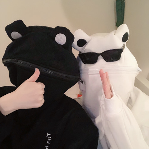 卡通青蛙頭加絨加厚連帽衛衣女男秋冬沙雕學生班服炸街上衣情侶潮