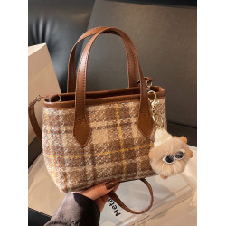 高級感毛呢格子包女2026新款韓系百搭單肩斜後後背包時尚手提水桶包女