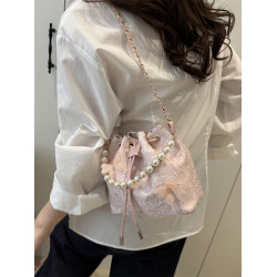 新中式水桶包2025新款旗袍風珍珠手提小包包女高級感風斜後後背包