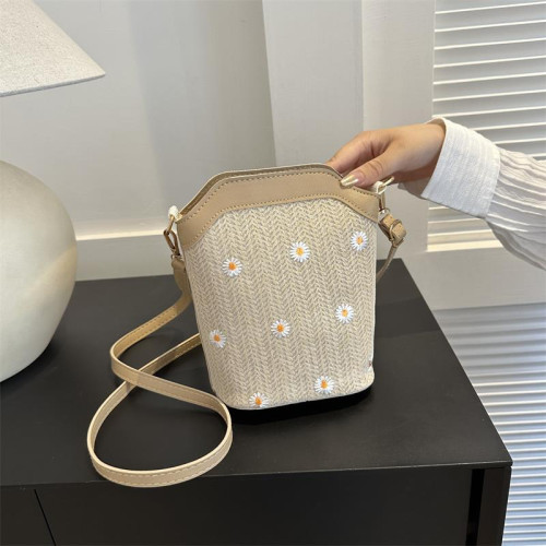 潮流流行時尚小清新洋氣草編包女2023夏編織蕾絲水桶包單肩斜後後背包