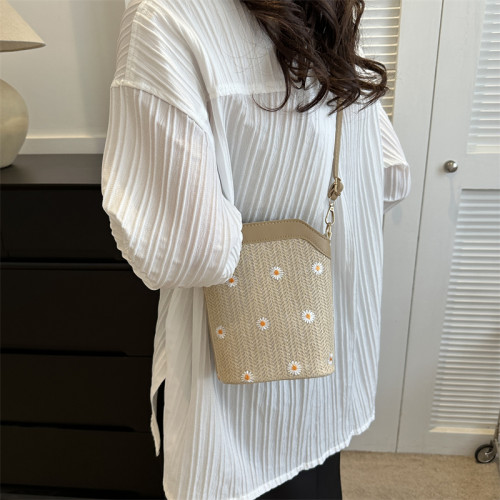 潮流流行時尚小清新洋氣草編包女2023夏編織蕾絲水桶包單肩斜後後背包