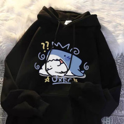 銀狐絨秋冬季卡通鯊魚印花連帽衛衣男女寬鬆百搭ins洋氣加絨外套