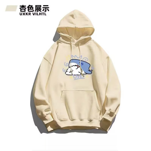 銀狐絨秋冬季卡通鯊魚印花連帽衛衣男女寬鬆百搭ins洋氣加絨外套