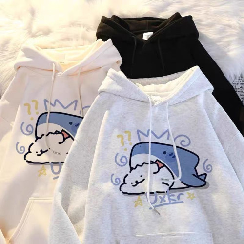 銀狐絨秋冬季卡通鯊魚印花連帽衛衣男女寬鬆百搭ins洋氣加絨外套